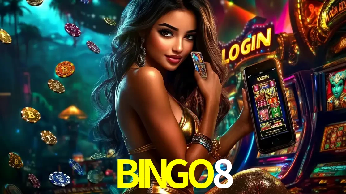 Mulher em um cenário de cassino temático de aventura, mostrando o app de caça-níqueis da BINGO8 no celular. Fichas de apostas flutuam ao redor.