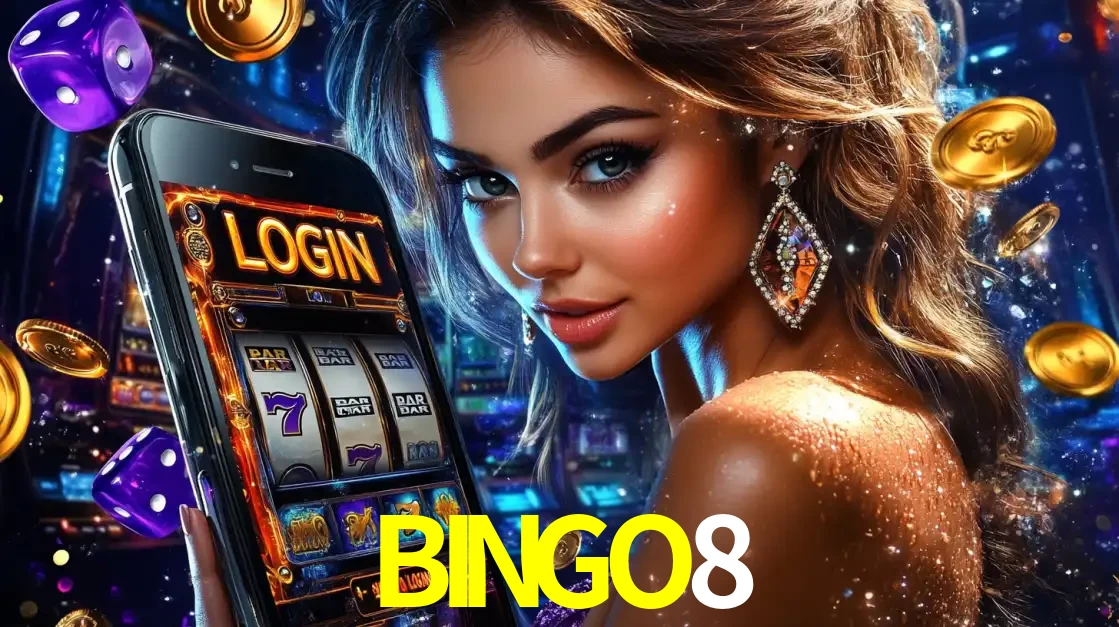 Mulher glamorosa segurando um smartphone com a tela de login para os jogos de caça-níqueis do cassino online BINGO8, com moedas de ouro e dados ao redor.