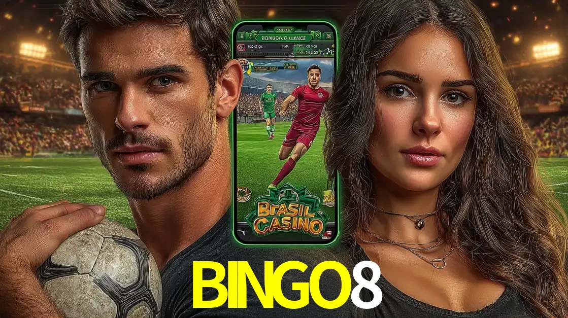 Homem segurando uma bola de futebol e uma mulher ao lado de um smartphone exibindo o jogo de apostas esportivas da BINGO8. Faça seu palpite no cassino online.